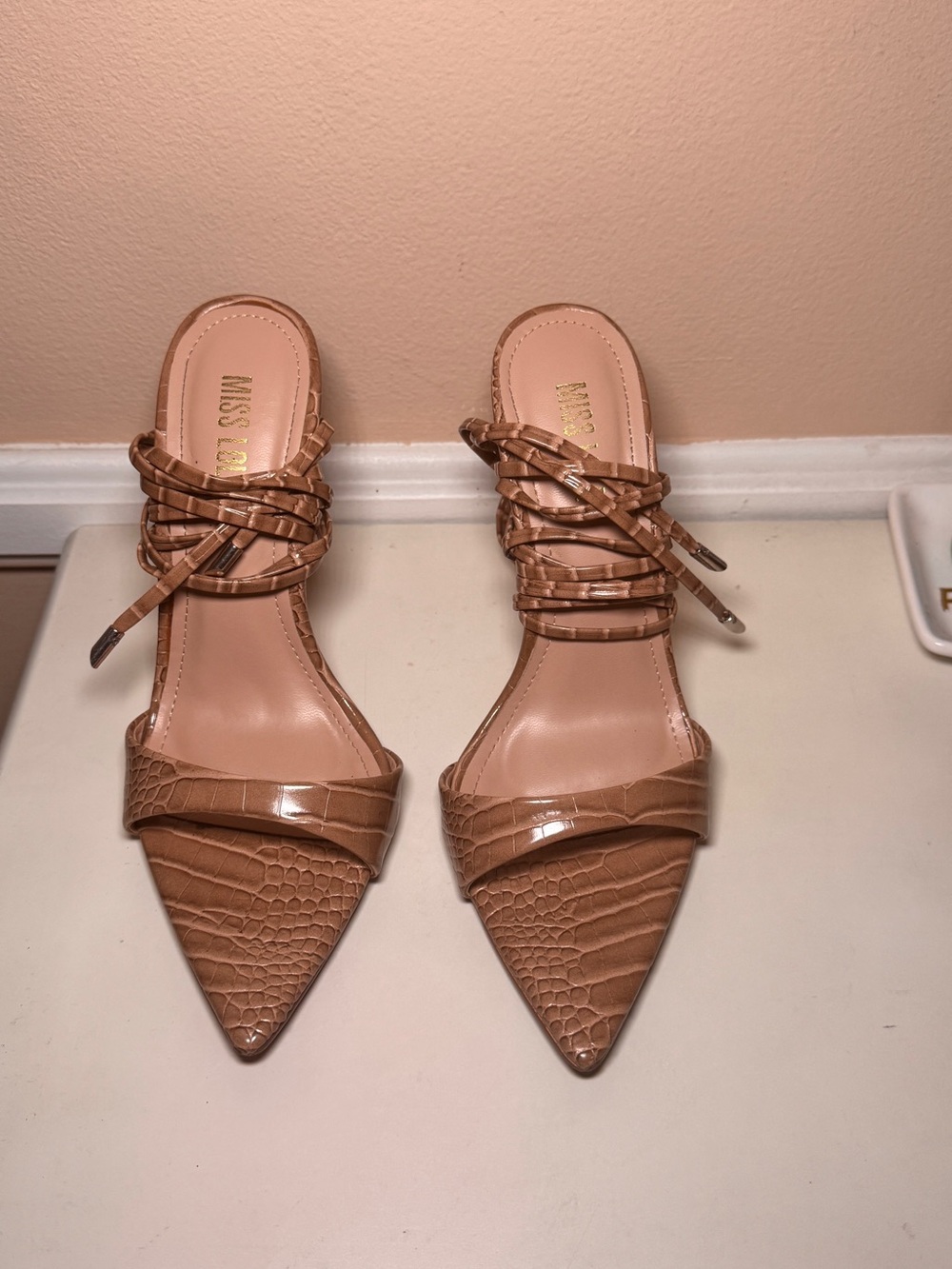 Miss Lola Tan Croc-Embossed Pointed-Toe Lace-Up Heels